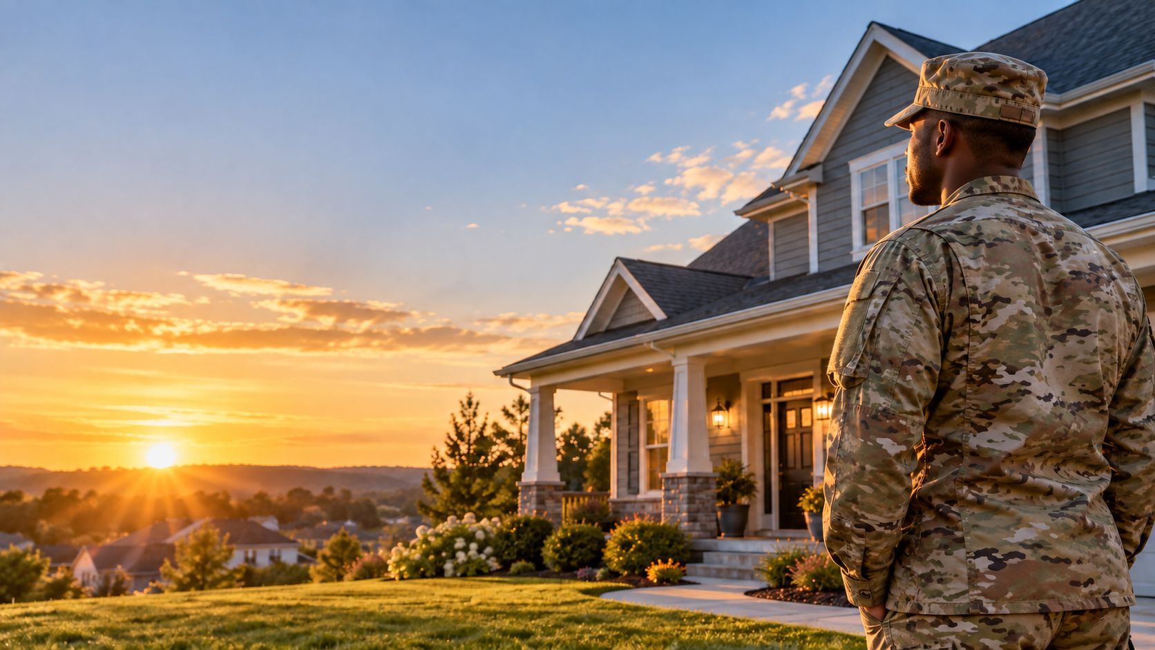 Military service member standing near a home at sunrise